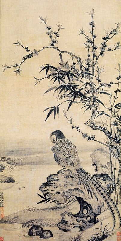 元代王淵〈山桃錦雞圖〉，紙本墨筆立軸，102.3×55.4厘米，北京故宮博物院藏。