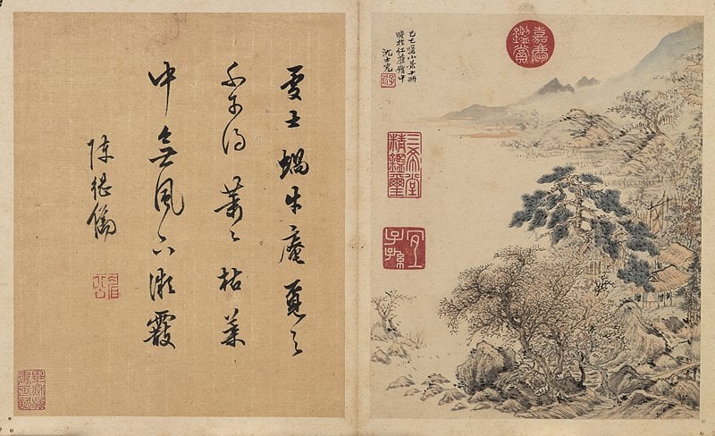 沈士充、陳繼儒〈書畫合璧〉冊頁十開，27.5×22.5厘米，成交價2,306萬港元，為古代書畫第一高價。