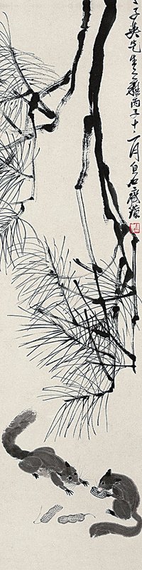 齊白石〈松鼠〉，紙本立軸，130×33.5厘米，成交價人民幣598萬元。