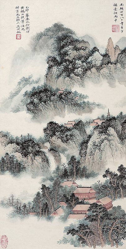 吳湖帆〈樓臺煙雨圖〉，紙本立軸，71.5×36厘米，成交價人民幣483萬元。