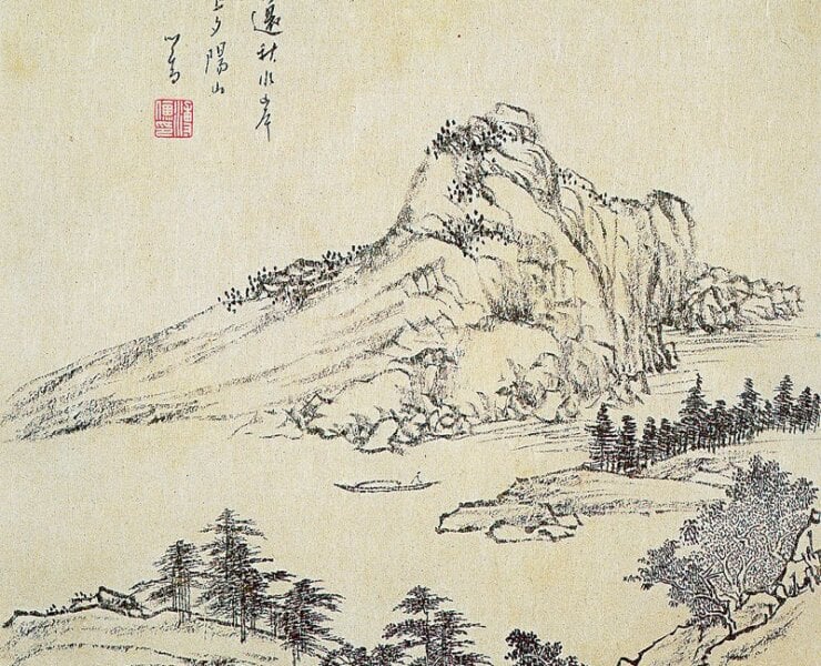 溥心畬〈江上夕陽山〉，28×28厘米。