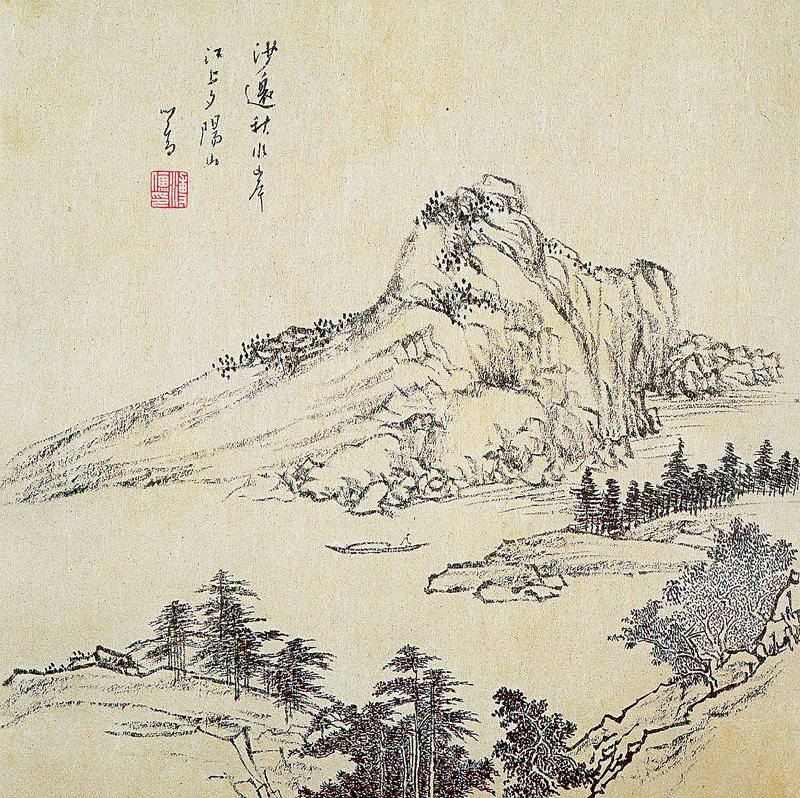 溥心畬〈江上夕陽山〉，28×28厘米。