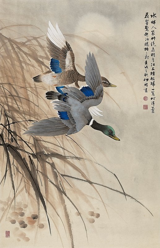 喻仲林1982年所作〈月夜雙鳧〉，96×63厘米。