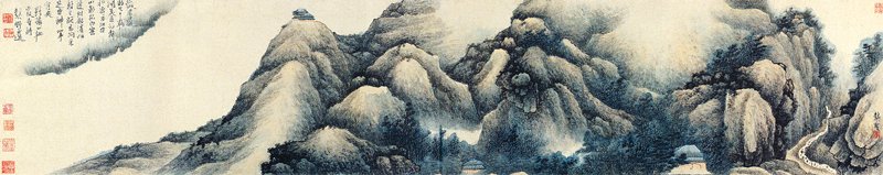 左圖上2 龔賢〈攝山棲霞圖〉卷,紙本設色,30.3×151.8厘米,北京故宮博物院藏。