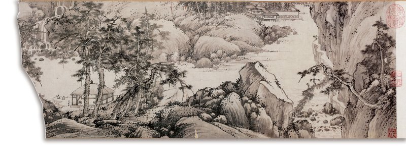 明宋旭嘉靖四十五年（1566）〈江上樓艇圖〉鏡心，紙本水墨，24×67厘米，現為私人收藏。
