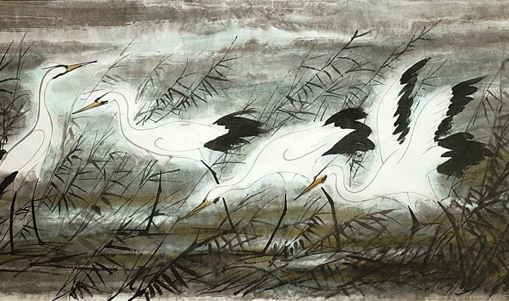 林風眠1988年作〈鷺〉，水墨設色紙本，84×152.2厘米，台北國立歷史博物館藏。