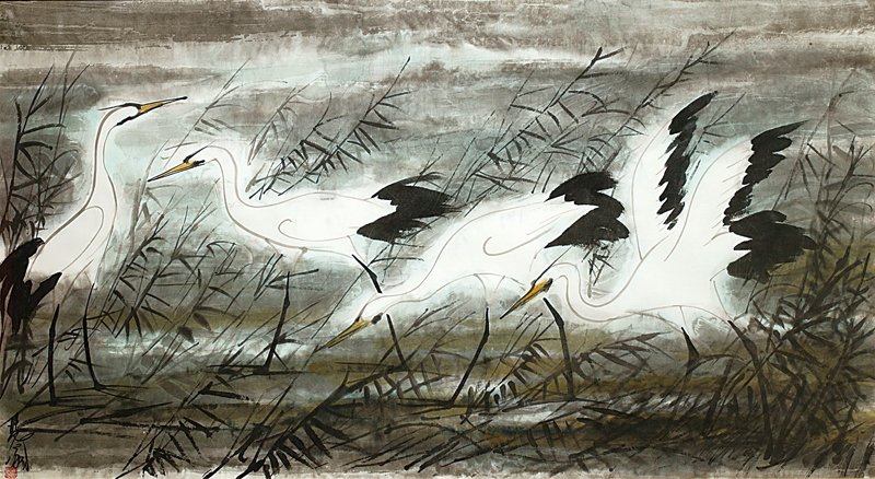 林風眠1988年作〈鷺〉，水墨設色紙本，84×152.2厘米，台北國立歷史博物館藏。