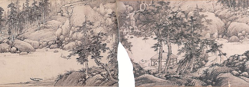 私人及瀋陽故宮所藏兩本宋旭〈山水圖〉殘卷合璧後，其斷裂處之山石、樹木可完全吻合。