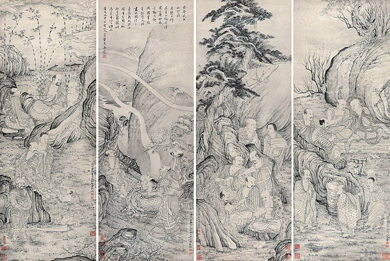 2011年12月5日北京保利「妙得驪珠──中國歷代重要名家書畫夜場」編號3312石濤〈五百羅漢圖〉四屏，估價待詢。