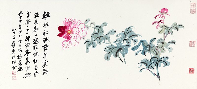 張大千〈富貴花〉，設色紙本鏡心，47×102.5厘米。