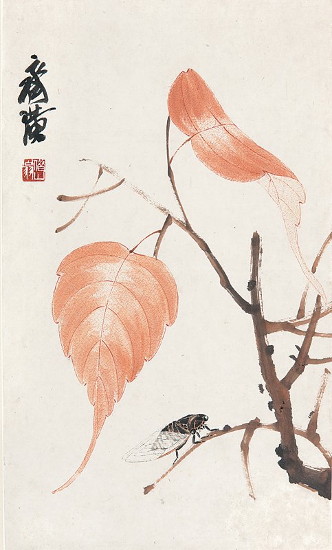 齊白石〈貝葉草蟬〉，設色紙本冊頁，40×23.5厘米。
