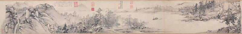 明宋旭〈江上樓船圖卷〉，紙本水墨，24.6×180厘米，現藏瀋陽故宮博物院。