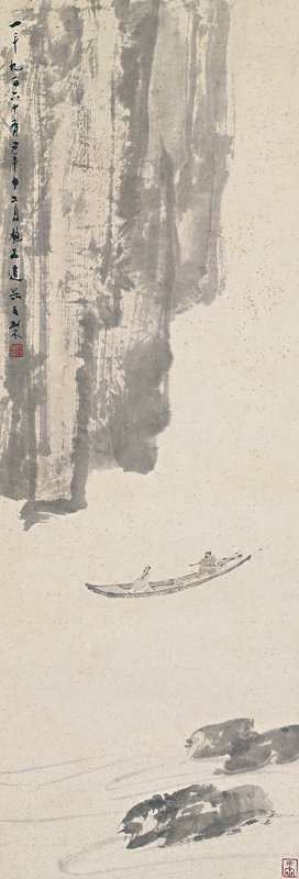 傅抱石〈赤壁泛舟〉，99×34厘米。
