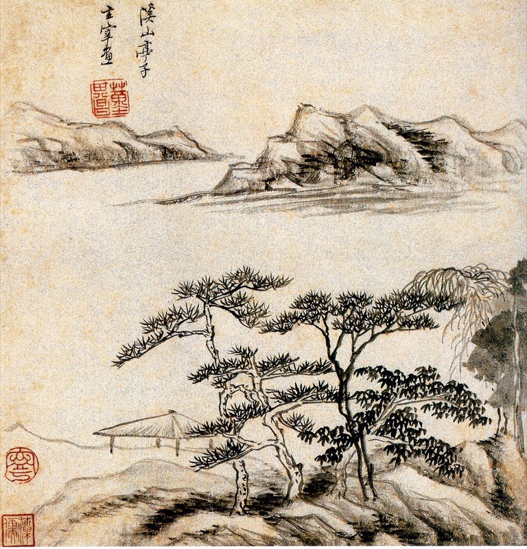 明代董其昌〈仿古山水冊〉中的「溪山亭子」，上海博物館藏。
