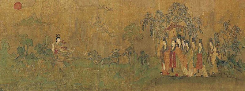 （傳）東晉顧愷之〈洛神賦圖〉局部，北京故宮博物院藏。顧愷之著名傳世畫蹟之一，徐邦達從筆墨特徵、絹質、賦色判斷為宋人摹本，並且其原本亦非出自顧愷之。