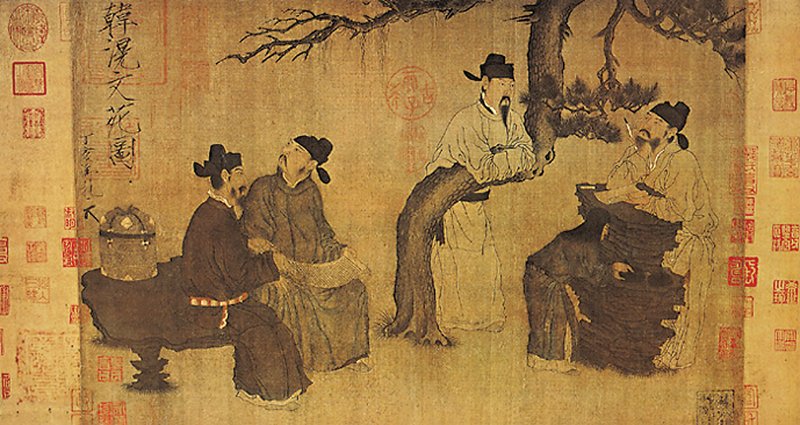 唐代韓滉〈文苑圖〉，北京故宮博物院藏。徐邦達據畫中人物所戴襆頭考訂為五代人畫，另根據畫風、題跋、著錄、全唐詩等，考證出此卷源自（傳）周文矩〈琉璃堂人物圖〉卷的後半。