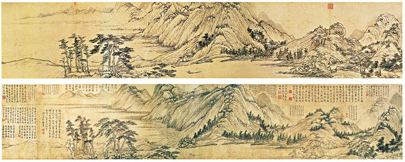 元代黃公望〈富春山居圖〉局部，台北故宮博物院藏。上圖為〈無用師本〉；下圖為〈子明本〉，乾隆將假的子明本當成真蹟，在畫上填滿大大小小50多處題跋和印章，無用師本卻安然無恙。