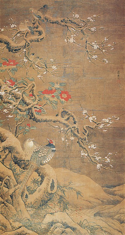 呂紀〈梅竹山禽〉，絹本設色，183×97.8厘米，浙江省博物館藏。