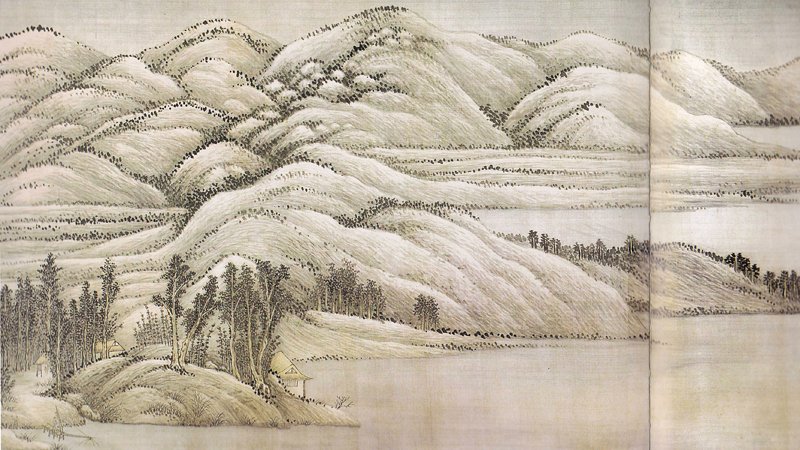 王翬〈仿董源夏景山口待渡圖〉及款字局部，天津博物館藏，引自《王翬精品集》（北京：人民美術出版社，1999），頁45。