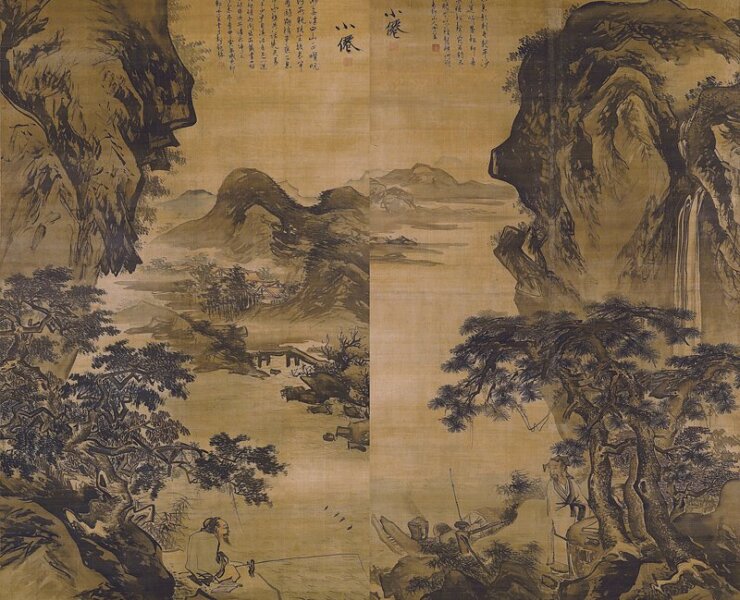 香港佳士得2008年5月26日吳偉〈漁父圖〉大軸雙幅，各191×106厘米，預估價80萬～100萬港元，成交價760萬7,500港元。
