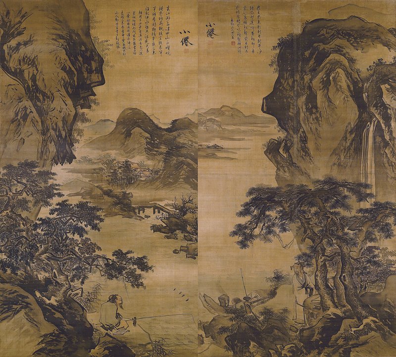 香港佳士得2008年5月26日吳偉〈漁父圖〉大軸雙幅，各191×106厘米，預估價80萬～100萬港元，成交價760萬7,500港元。