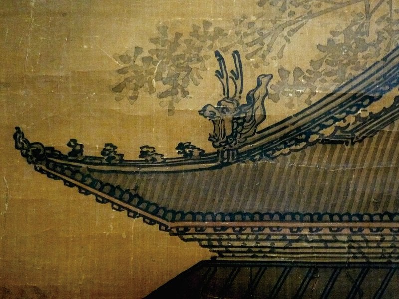〈高士觀月圖〉敞軒上正脊的鴟吻。
