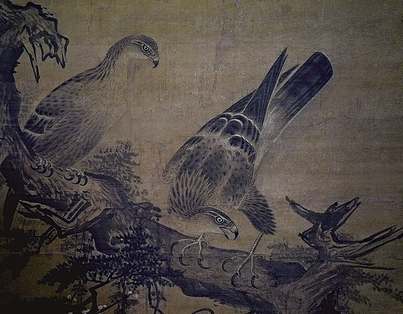 明代蕭海山〈古木雙鷹圖〉雙鷹局部。
