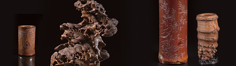 明朱稚征〈竹雕高士圖筆筒〉局部,上海博物館藏。 中 清封錫祿〈竹根雕羅漢〉,上海博物館藏。 右 清封鼎〈竹雕秋菘圖筆筒〉,上海博物館藏。