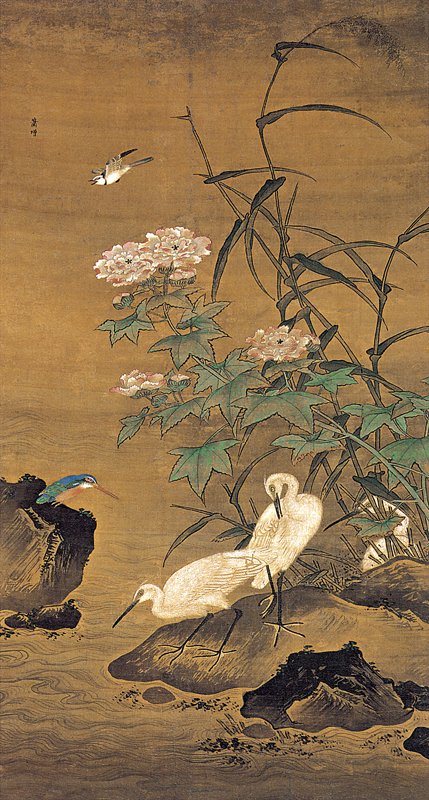 明代蕭海山〈古木雙鷹圖〉以尖銳的短線斧劈皴畫出岩石的凹凸。