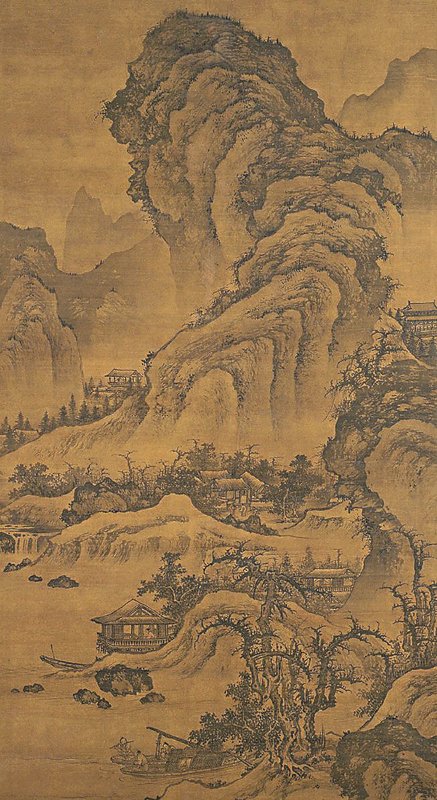 李在〈闊渚晴峰圖〉,北京故宮博物院藏。畫上李在的款已被挖去,添上了郭熙的偽款。這幅畫在清代《石渠寶笈》中被當成北宋郭熙的作品,後經學者鑑定,現已更名為李在。