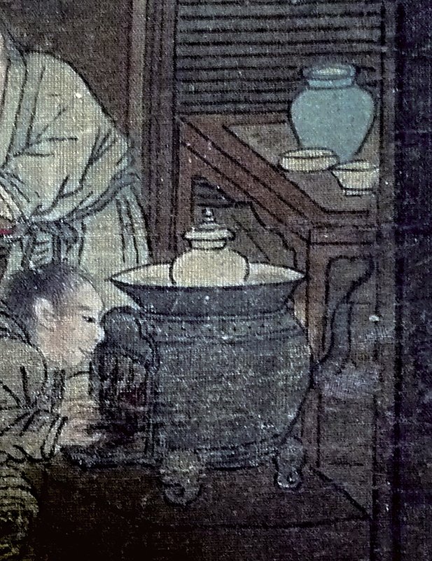 〈山齋賞月圖〉備茶的器物銅爐,三獸(獅張口)足。〈山齋賞月圖〉中童僕旁置明式紅漆桌,上是大理石桌面,有青瓷罐、碗、水洗。