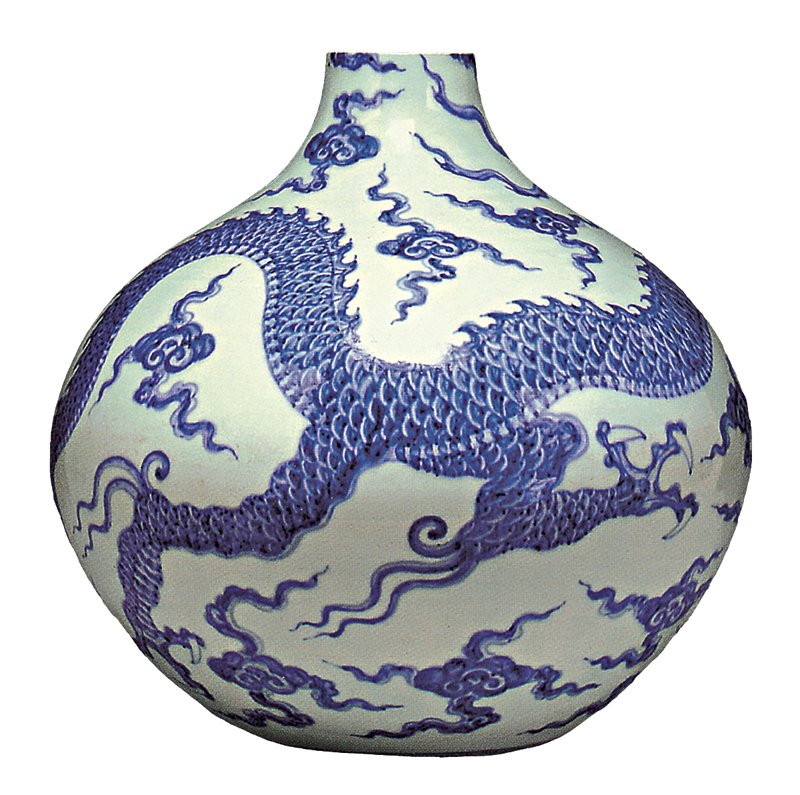 2006年9月19日紐約佳士得編號242明宣德〈青花雲龍紋天球瓶〉，殘件，高36.8厘米，成交價220萬美元，約合1,712萬港元。