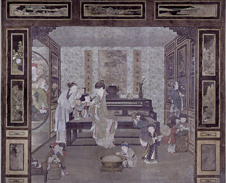 清乾隆〈廳堂嬰戲圖通景畫貼落〉，設色絹本，北京故宮博物院藏。