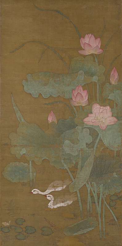 元佚名〈蓮花圖〉軸（此為右幅），141.6×67.9厘米。