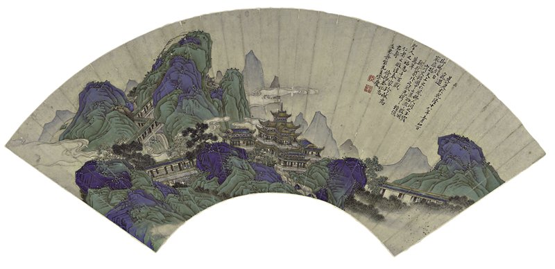 清徐揚〈仙山樓閣圖〉扇面，16×47厘米。