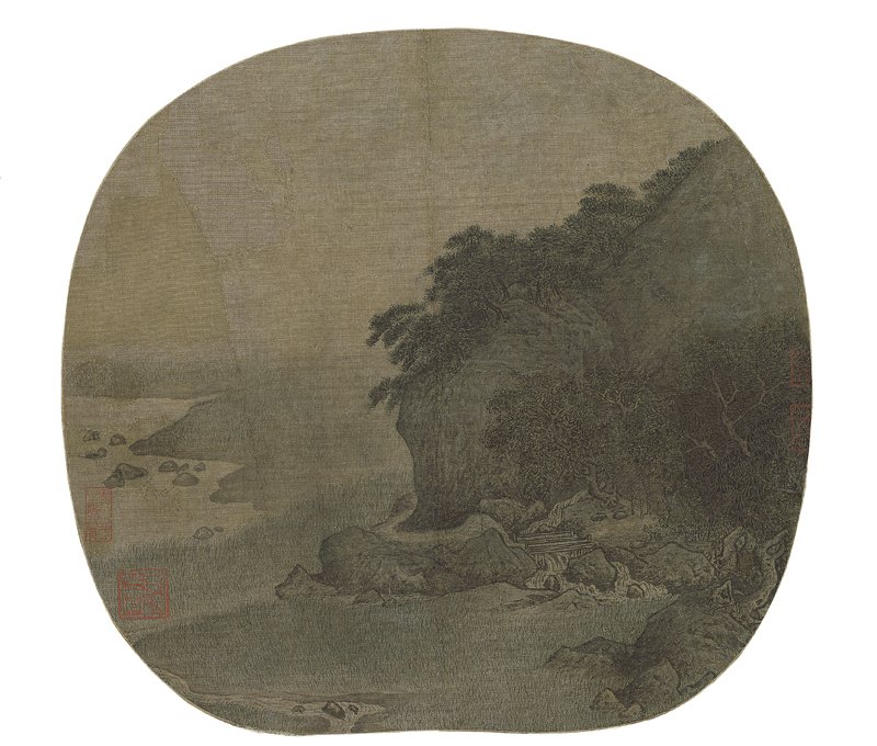 南宋（傳）閻次于〈松壑隱棲圖〉團扇，21.4×23厘米。