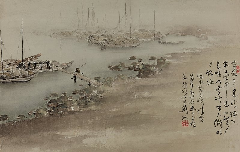 高劍父〈漁港雨色〉。