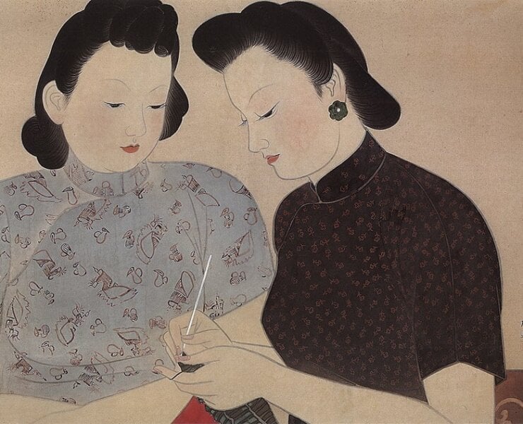 陳進1940年作〈編織〉，絹、膠彩，57×76厘米。畫中女子們神情專注、裝扮秀麗，表現出一派沉靜優雅氣質。