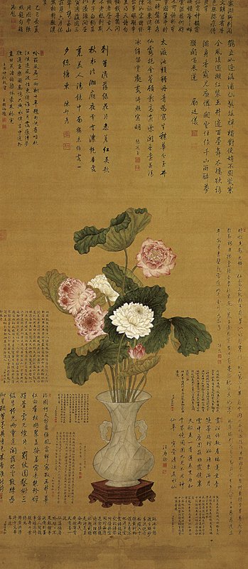 蔣廷錫1722年〈敖漢千葉蓮〉軸，絹本設色，215.7×96.5厘米，台北故宮博物院藏。出自《乾隆皇帝的文化大業》。