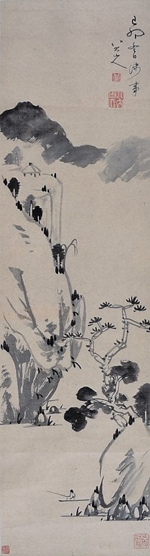 八大山人〈孤江獨釣〉，水墨紙本立軸，115×31厘米。