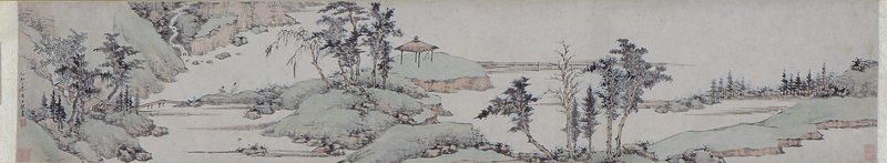 清查士標〈抱琴幽居圖〉卷，設色紙本，25.5×135.8厘米，安徽博物院藏。圖為局部。