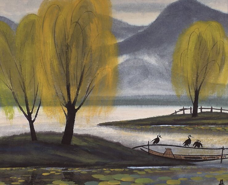 林風眠〈柳岸漁鷹〉，設色紙本鏡片，65.3×65.1厘米。