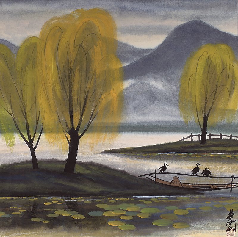 林風眠〈柳岸漁鷹〉，設色紙本鏡片，65.3×65.1厘米。