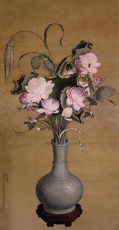 傳郎世寧1724年〈聚瑞圖〉軸，絹本設色，109.3×58.7厘米，上海博物館藏。