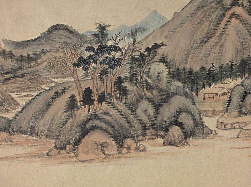 董其昌〈仿黃公望富春大嶺圖〉，設色紙本手卷，28.5×297厘米。圖為局部。