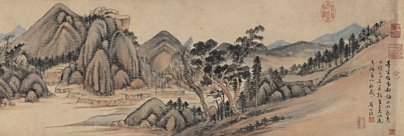 董其昌〈仿黃公望富春大嶺圖〉，設色紙本手卷，28.5×297厘米。圖為局部。