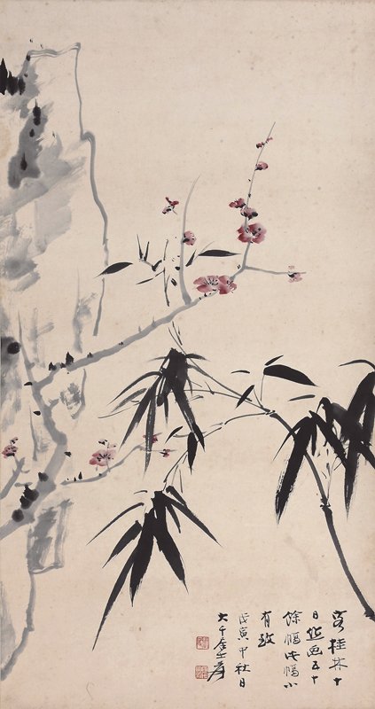 張大千〈梅竹石清圖〉，設色紙本立軸，72×38厘米。