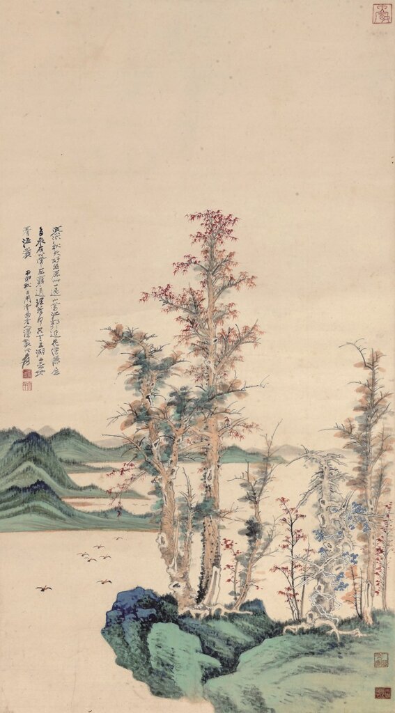 張大千〈秋林蕭散圖〉，設色紙本立軸，120×65.4厘米。