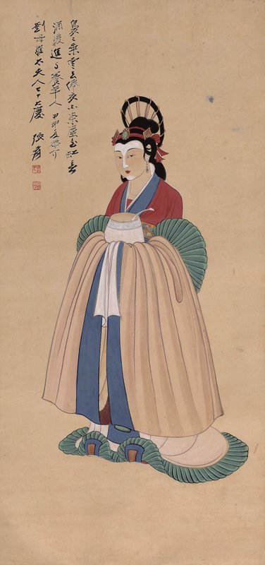 張大千〈麻姑〉，設色紙本立軸，91.5×43厘米。
