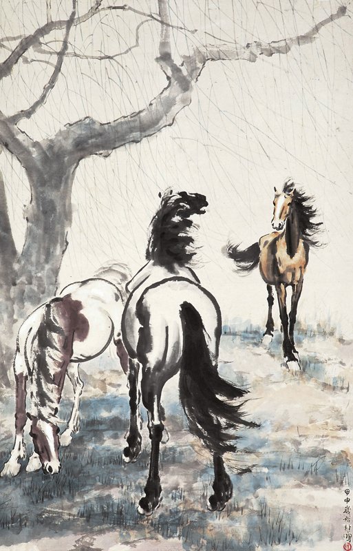 徐悲鴻〈柳陰散馬圖〉，96×62厘米。